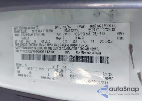 2016 Ford Transit-350 Xlt из США, поврежденный, VIN 1FBZX2ZM6GKB11210